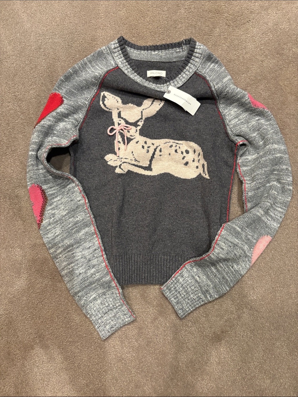 Pilcro Gray Crewneck Sweater with Cream Deer and Pink Accents
